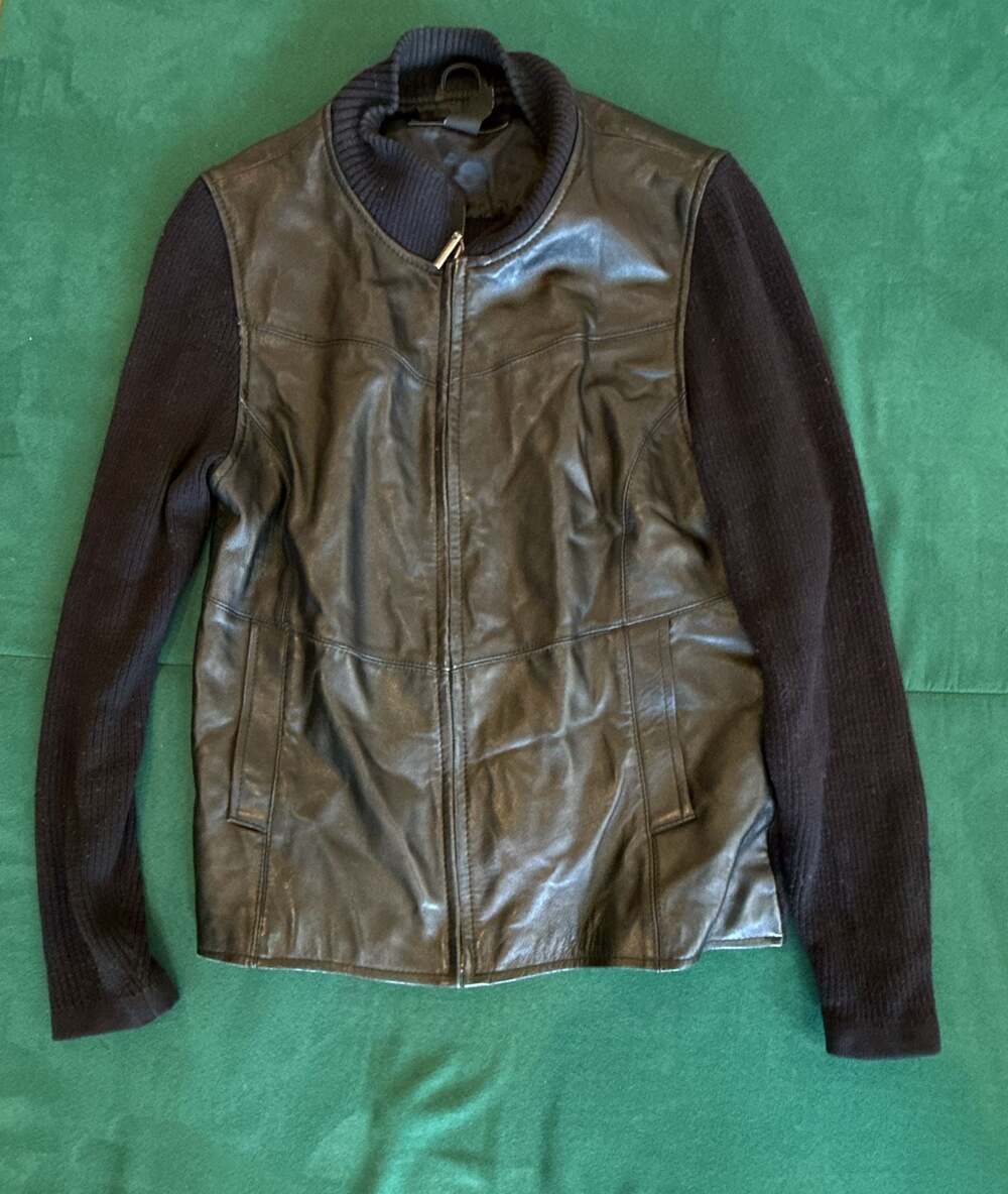 Jaclyn Smith Classic Black Leather and Knit Sweater Jacket Size 12